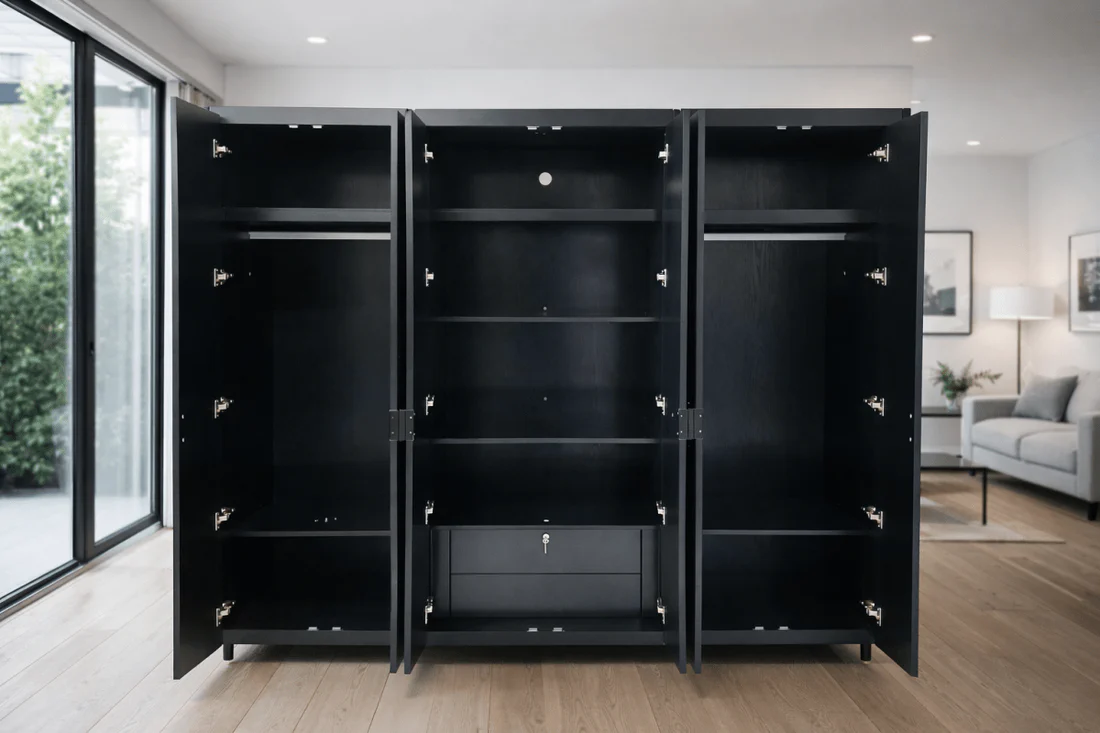 Hive 6-Door Wardrobe with Drawers – Black & Gold Beehive Pattern, Home Centre, 240x60x220 cm - Image 2